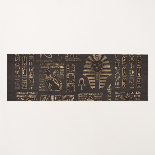 Egyptian hieroglyphs and deities - gold on wood yoga mat (Front (Horizontal))