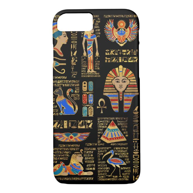 Egyptian hieroglyphs and deities on black Case-Mate iPhone case (Back)