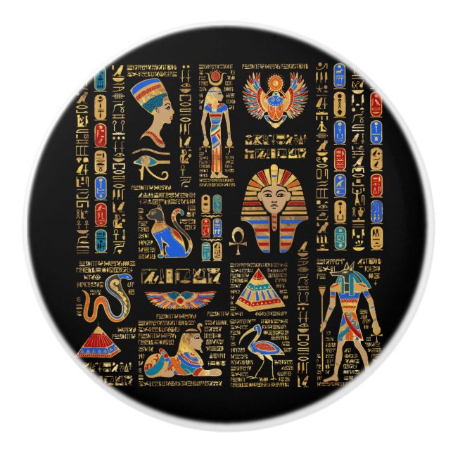Egyptian hieroglyphs and deities on black ceramic knob (Front)