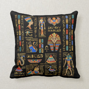 Egyptian hieroglyphs and deities on black cushion