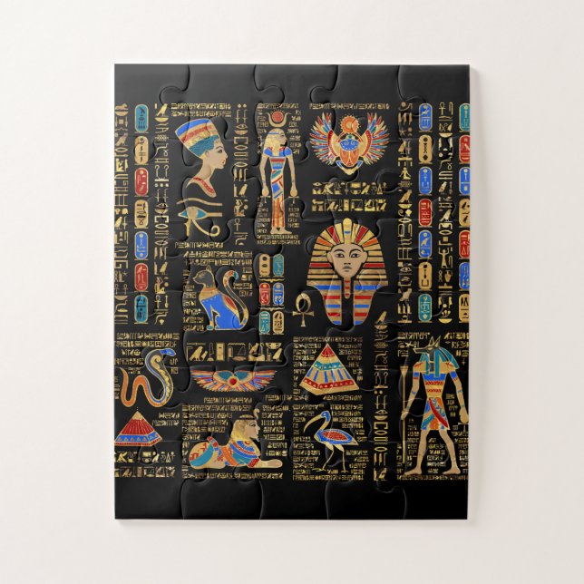 Egyptian hieroglyphs and deities on black jigsaw puzzle (Vertical)