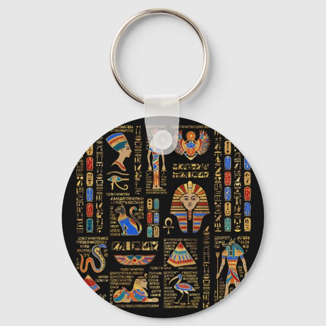 Egyptian hieroglyphs and deities on black key ring (Front)
