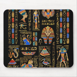 Egyptian hieroglyphs and deities on black mouse mat