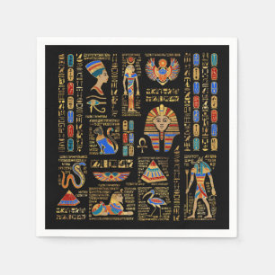 Egyptian hieroglyphs and deities on black napkin