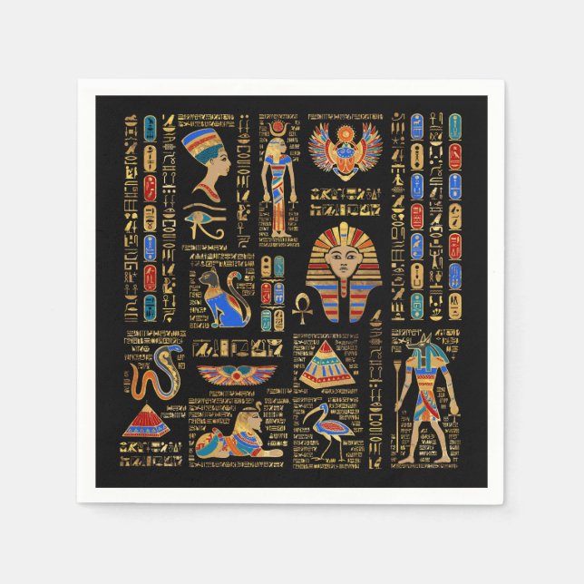 Egyptian hieroglyphs and deities on black napkin (Front)