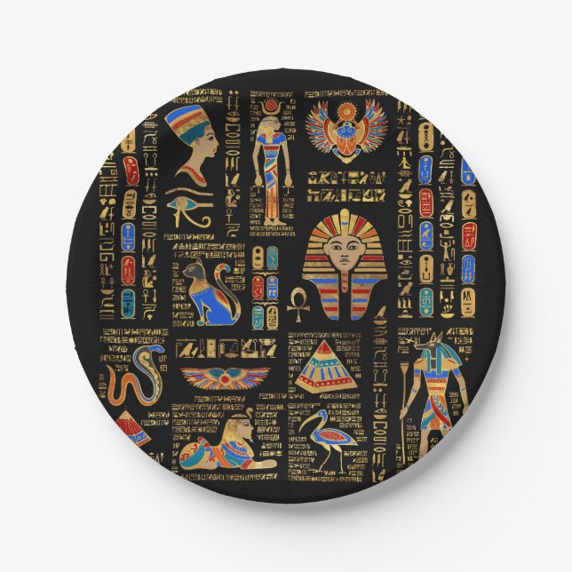 Egyptian hieroglyphs and deities on black paper plate (Front)