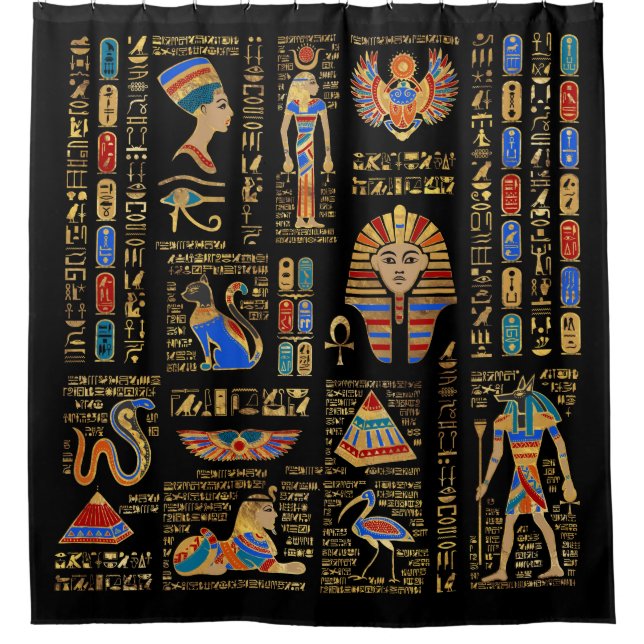 Egyptian hieroglyphs and deities on black shower curtain (Front)
