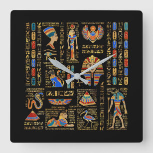 Egyptian hieroglyphs and deities on black square wall clock