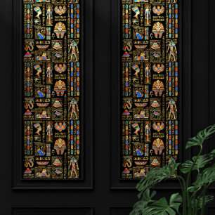 Egyptian hieroglyphs and deities on black wallpaper