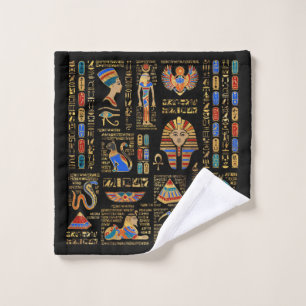 Egyptian hieroglyphs and deities on black wash cloth