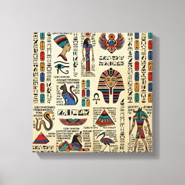 Egyptian hieroglyphs and deities on papyrus canvas print (Front)