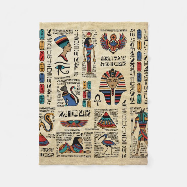 Egyptian hieroglyphs and deities on papyrus fleece blanket (Front)