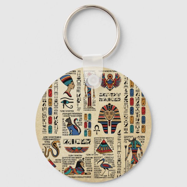 Egyptian hieroglyphs and deities on papyrus key ring (Front)