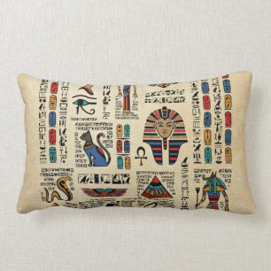 Egyptian hieroglyphs and deities on papyrus lumbar cushion