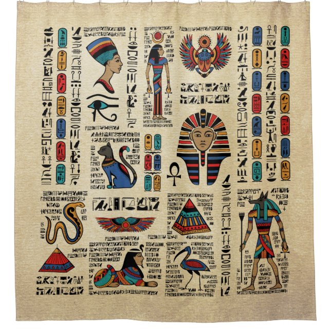Egyptian hieroglyphs and deities on papyrus shower curtain (Front)