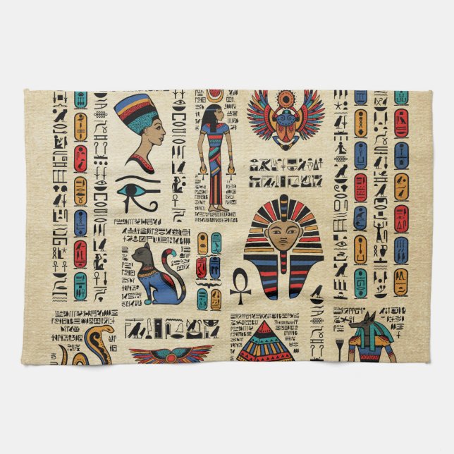 Egyptian hieroglyphs and deities on papyrus tea towel (Horizontal)