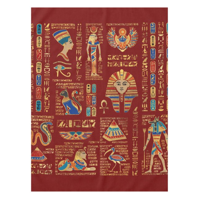 Egyptian hieroglyphs and deities on red tablecloth (Front)