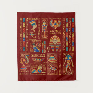 Egyptian hieroglyphs and deities on red tapestry