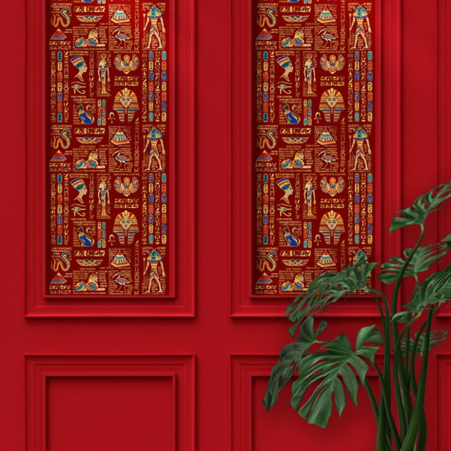 Egyptian hieroglyphs and deities on red wallpaper (Creator Uploaded)