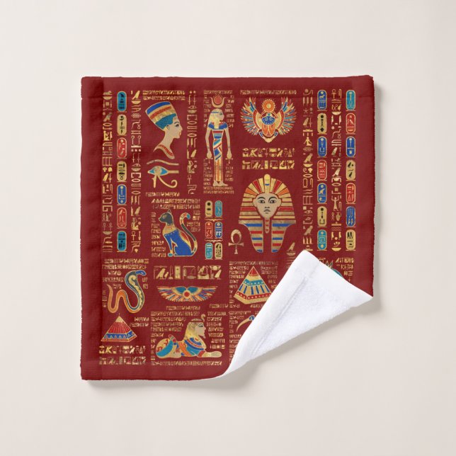Egyptian hieroglyphs and deities on red wash cloth (Wash Cloth)