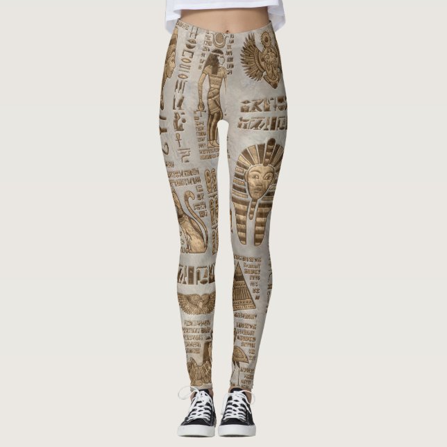 Egyptian hieroglyphs and deities -Vintage Gold Leggings (Front)