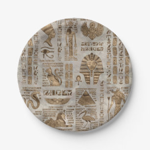 Egyptian hieroglyphs and deities -Vintage Gold Paper Plate