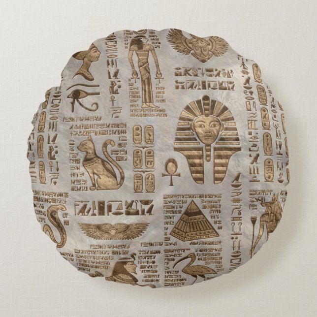 Egyptian hieroglyphs and deities -Vintage Gold Round Cushion (Front)