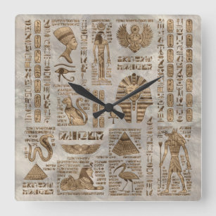 Egyptian hieroglyphs and deities -Vintage Gold Square Wall Clock