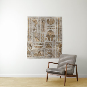Egyptian hieroglyphs and deities -Vintage Gold Tapestry