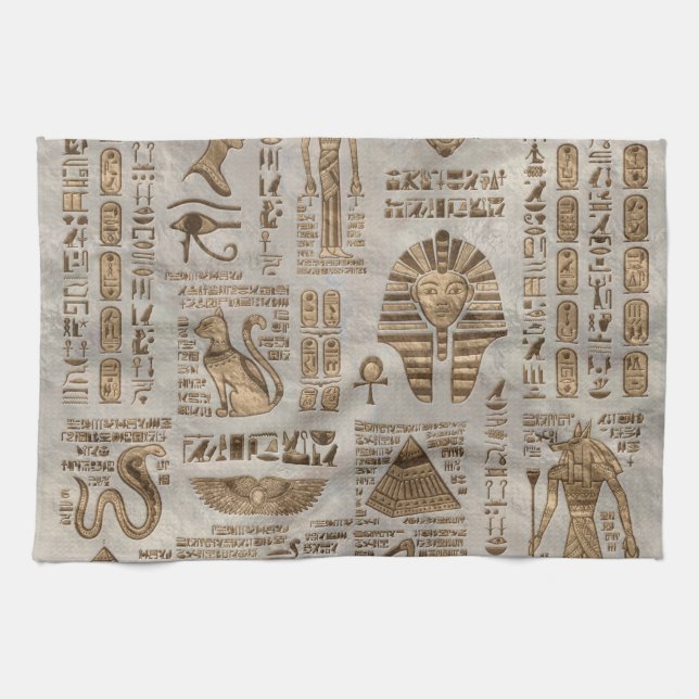 Egyptian hieroglyphs and deities -Vintage Gold Tea Towel (Horizontal)