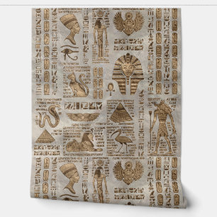 Egyptian hieroglyphs and deities -Vintage Gold Wallpaper