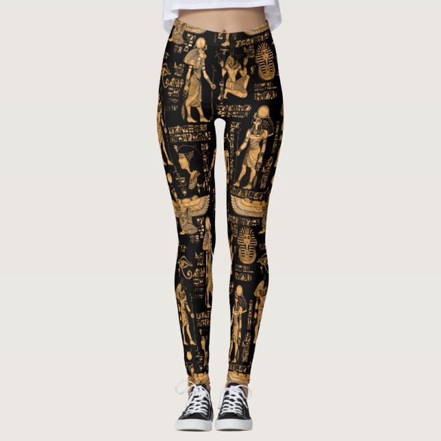 Egyptian hieroglyphs and Gods gold and black Leggings (Front)