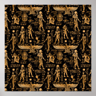 Egyptian hieroglyphs and Gods gold and black Poster