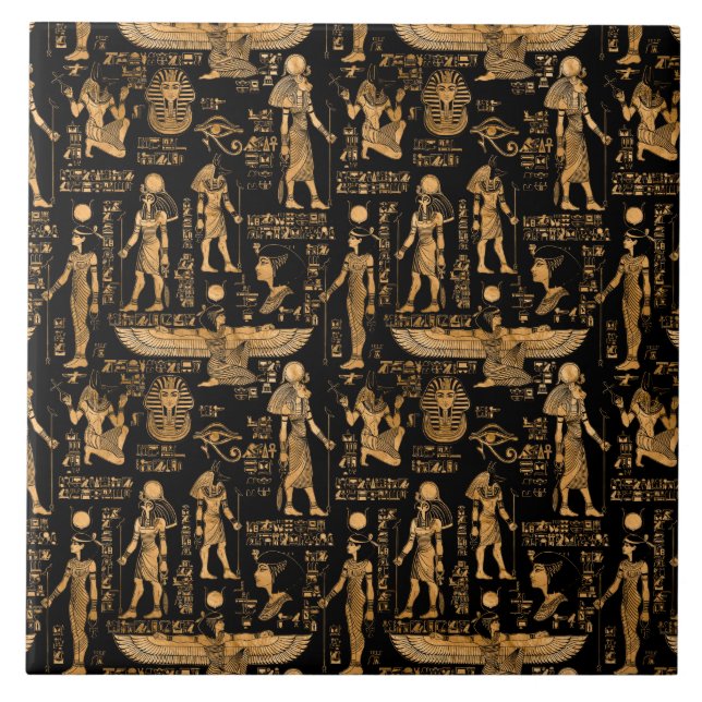 Egyptian hieroglyphs and Gods gold and black Tile (Front)