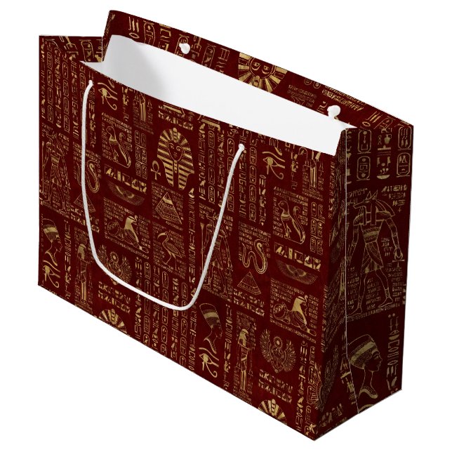Egyptian hieroglyphs and symbols on red leather large gift bag (Front Angled)