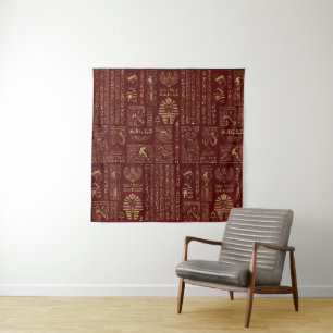 Egyptian hieroglyphs and symbols on red leather tapestry