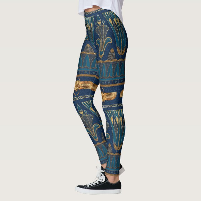 Egyptian Hieroglyphs Gold Beetles Golden Glitter Leggings (Left)