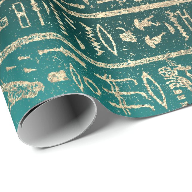Egyptian Hieroglyphs Gold Foxier Blush Teal Green Wrapping Paper (Roll Corner)