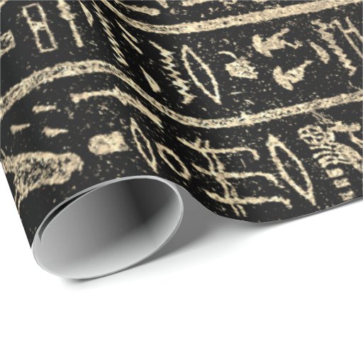 Image of Egyptian Hieroglyphs Gold Foxier Faux Black Luxury Wrapping Paper