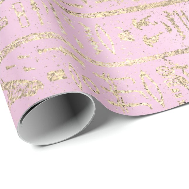 Egyptian Hieroglyphs Gold Pink Pastel Rose Wrapping Paper (Roll Corner)
