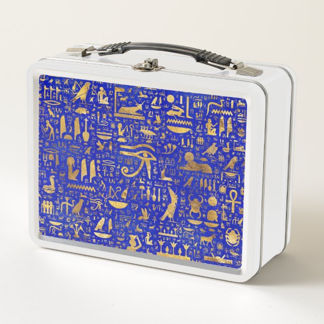 Egyptian hieroglyphs -Lapis Lazuli and Gold Metal Lunch Box (Front)