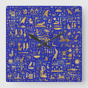 Egyptian hieroglyphs - Lapis Lazuli and Gold Square Wall Clock