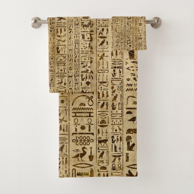 Egyptian hieroglyphs on papyrus bath towel set (Insitu)