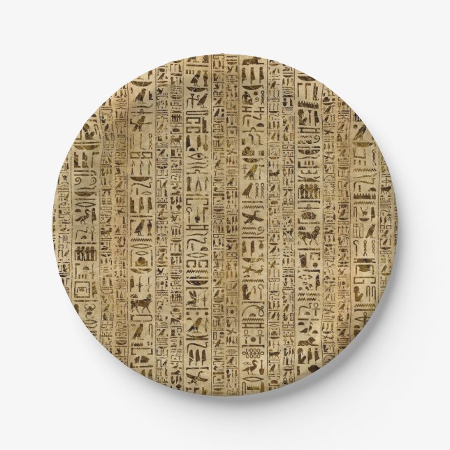 Egyptian hieroglyphs on papyrus paper plate (Front)