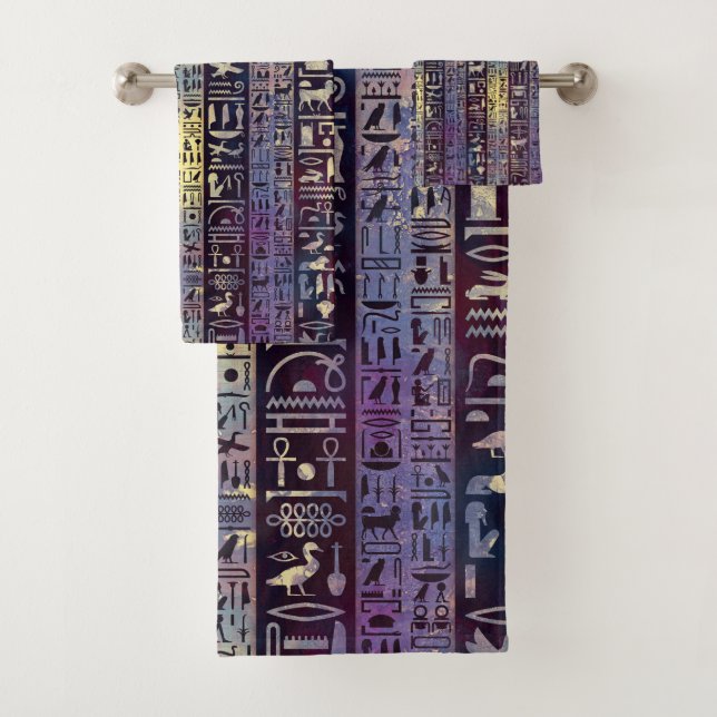 Egyptian hieroglyphs on purple violet bath towel set (Insitu)