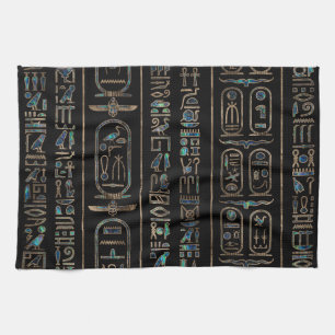 Egyptian hieroglyphs pattern Gold Abalone Tea Towel