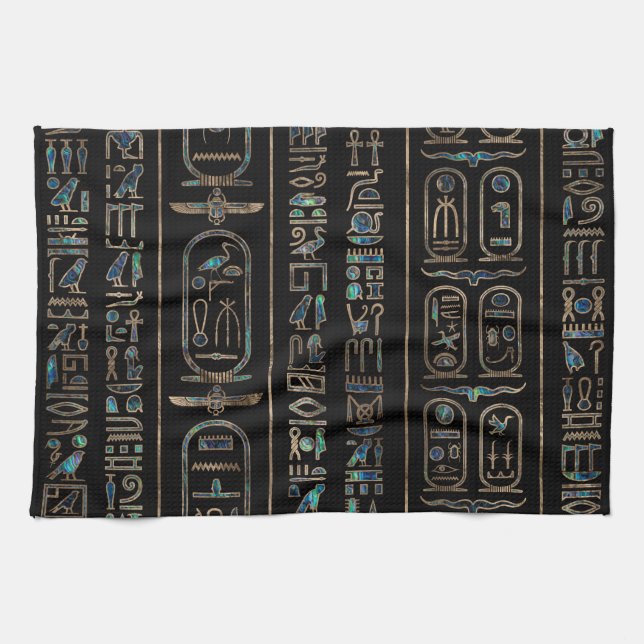 Egyptian hieroglyphs pattern Gold Abalone Tea Towel (Horizontal)