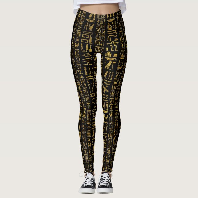 Egyptian hieroglyphs vintage gold on black leggings (Front)