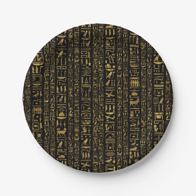 Egyptian hieroglyphs vintage gold on black paper plate (Front)