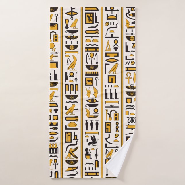 Egyptian hieroglyphs yellow-black colour seamless bath towel (Bath Towel)